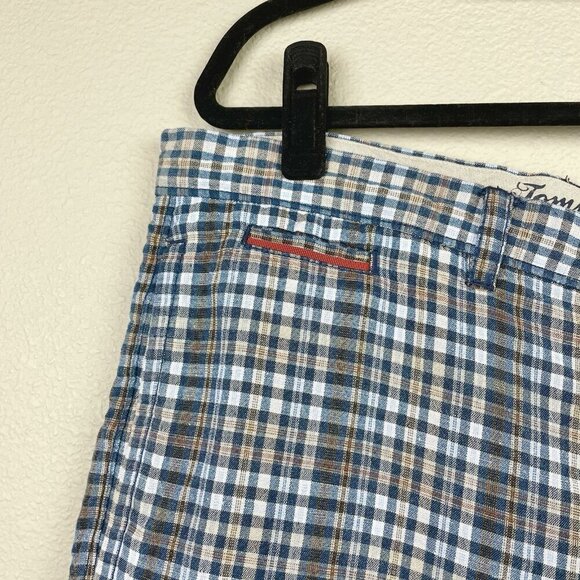 Tommy Bahama Men's 40 Plaid Gingham Plaid Linen Blend Shorts Blue Tan Flat Front - Picture 2 of 14
